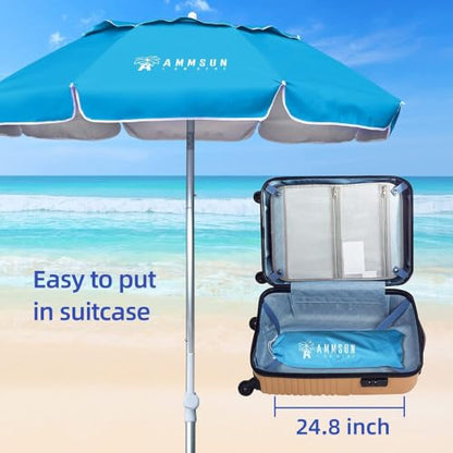 AMMSUN 6ft Folded Portable Travel Beach Umbrella with Sand Anchor Tilt Air vent UPF 50+UV Protection Fit In Suitcase Compact Foldable Telescopic umbrellas for Patio Garden Beach Pool Sky Blue - color: 6ft Light Blue