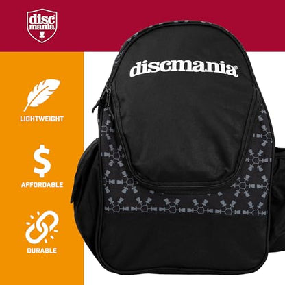 Discmania Fanatic Go Disc Golf Backpack | 18 Capacity + Top Pocket for 2 Putters | Lightweight, Durable Disc Golf Bag | Tall Side Pocket, Bottle Holder | Padded Straps & Water-Resistant Shell - color: Black
