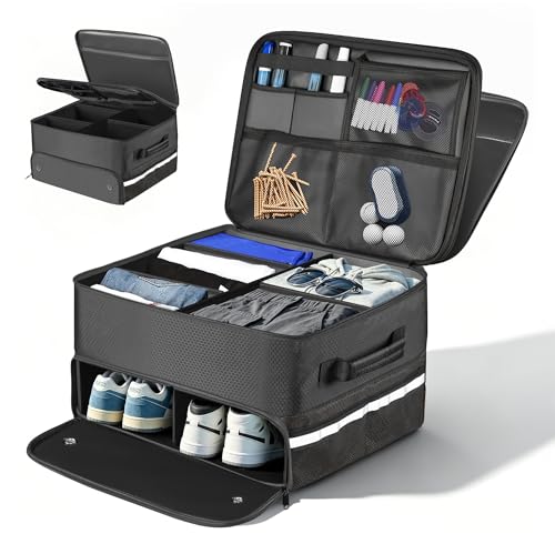 Golf Trunk Organizer Waterproof Car Golf Storage with Ventilated Compartment for 2 Pairs of Shoes, Ideal for Golf Balls Tees Caps Clothes Gloves and Accessories Golf Gift for Men and Women