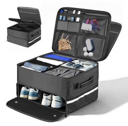 Golf Trunk Organizer Waterproof Car Golf Storage with Ventilated Compartment for 2 Pairs of Shoes, Ideal for Golf Balls Tees Caps Clothes Gloves and Accessories Golf Gift for Men and Women