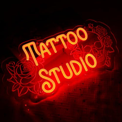Tattoo Studio Neon Sign for Wall Decor, Red Rose Flower Led Signs for Business, USB Dimmable Skull Neon Lights for Tattoo Piercing Salon Beer Bar Pub Garage Man Cave Gothic Party Decor - style: Tattoo Studio