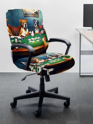 Abstract Animal Office Chair Cover, Dog in The Room Poker Games Universal Stretch Desk Rotating Chair Slipcovers, Removable Seat Protector with Zipper, S - color: Dark Green Brown, size: Small