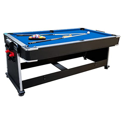 RACK Triad 7-Foot 3-in-1 Multi-Game Swivel Table - Billiards/Pool, Table Tennis & Air Hockey - color: Blue Felt With Black Body