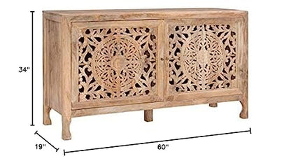 Pemberly Row Transitional Mango Wood Two Door Cabinet, Natural Brown Finish, 60" w x 20" d x 34" h, Handcrafted Storage Sideboard for Dining Room, Entryway, or Living Room