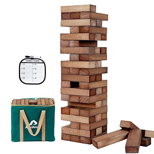 ApudArmis Giant Tumble Tower (Stack from 2Ft to Over 4.2Ft), 54 PCS Pine Wooden Stacking Timber Game with 1 Dice Set - Classic Block Giant Outdoor Game for Teens Adults Family(Brown) - color: Brown, size: L-4.2FT