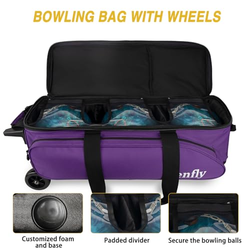 Triple Roller Bowling Bag with Wheels, Heavy Duty 3 Ball Bag for League & Recreational Bowlers - color: Purple