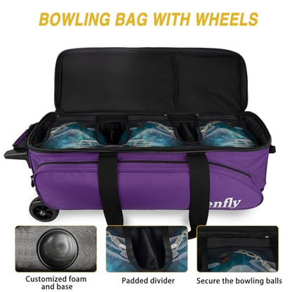 Triple Roller Bowling Bag with Wheels, Heavy Duty 3 Ball Bag for League & Recreational Bowlers - color: Purple