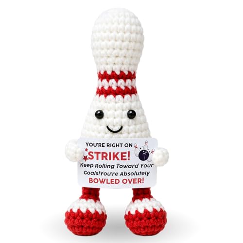 Funny Crochet Bowling Pin Gift for Bowling Lovers, Handmade Positive Bowlings Decor with Motivational Card, Cute Sports Keepsake for Friends Family Birthday Gift - color: Bowling