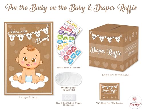 Party Hearty Pin the Pacifier & Diaper Raffle Baby Shower Games | 2 Game Set, Any Gender, Pin the Pacifier on the Baby, 50 Pcs Diaper Raffle Tickets with Box, Bring a Pack of Diapers to Win - color: Kraft - Pin the Binky & Raffle