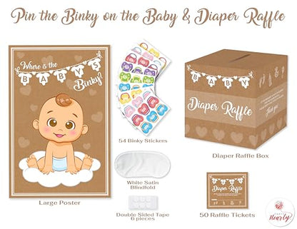 Party Hearty Pin the Pacifier & Diaper Raffle Baby Shower Games | 2 Game Set, Any Gender, Pin the Pacifier on the Baby, 50 Pcs Diaper Raffle Tickets with Box, Bring a Pack of Diapers to Win - color: Kraft - Pin the Binky & Raffle