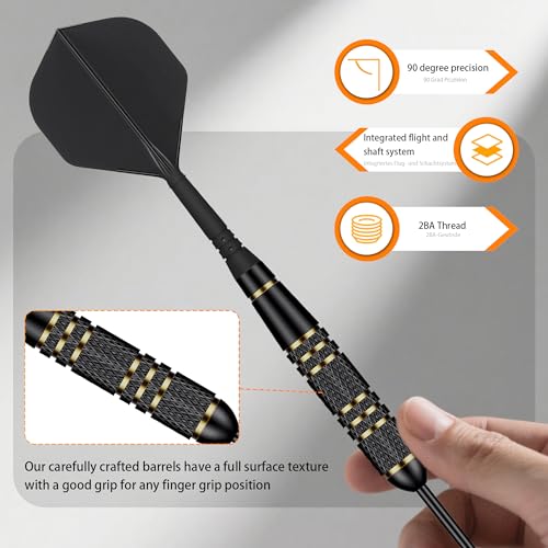 Steel Tip Darts Set 23g, 3 Pack with Brass Barrels and Case | 23g steel tip darts, 21g brass barrels, integrated flights, sharpener, slim case, for bristle dartboards