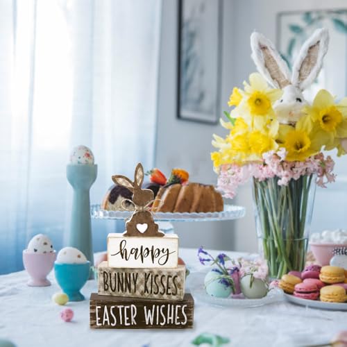DIYDEC 4Pcs Easter Tabletop Decorations Bunny Wooden Block Signs Gift Rustic Tiered Tray Decor Happy Easter Centerpiece Farmhouse Wood Rabbit Table Sign for Kitchen Home Office Party Decor - style: Bunny
