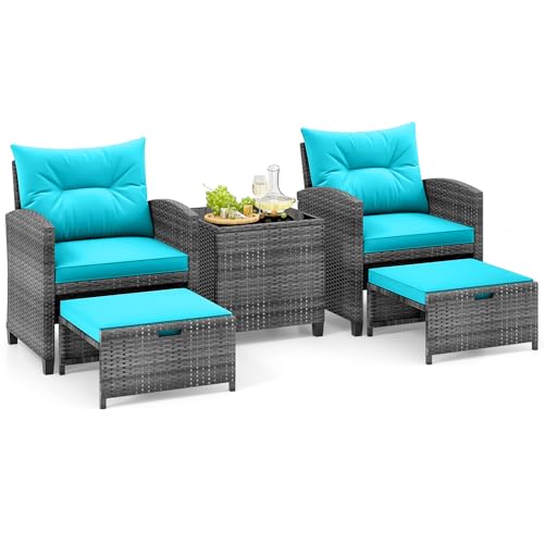 Tangkula 5 Pieces Patio Conversation Set, PE Wicker Rattan Outdoor Furniture Set with 2 Chairs, 2 Ottomans & Tempered Glass Coffee Table, Ideal for Poolside, Backyard, Lawn, Deck, Mix Grey & Turquoise - color: Mix Grey & Turquoise