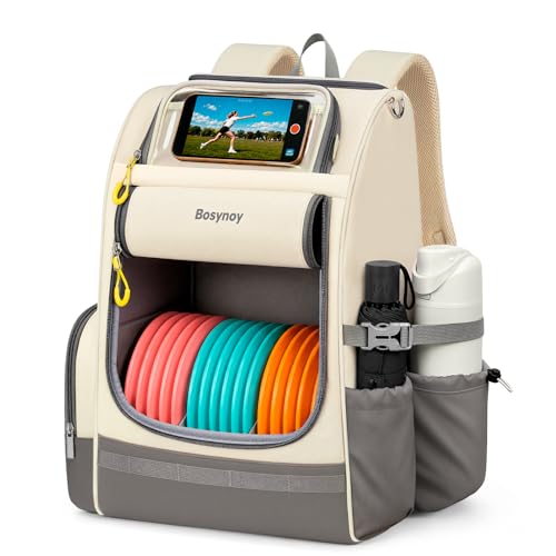 Bosynoy Disc Golf Bag with Clear Phone Holder, 20+ Discs Disc Golf Backpack with Insulated Pocket, Cute Beige Sports Backpack for Women Men Beginners