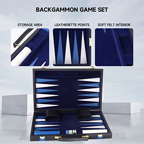 GSE Premium Leather Backgammon Board Game Set, Black&Blue, Medium | Premium Leather, Travel Folding Board, Classic Game Set, Leather Case Included - color: Leather-black&blue, size: Medium