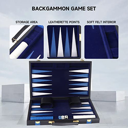 GSE Premium Leather Backgammon Board Game Set, Black&Blue, Large | Premium Leather, Travel Folding Board, Classic Game Set, Leather Case Included - color: Leather-black&blue, size: Large