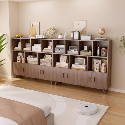 OSCHF Cubby Shelf Bookcase with Doors - Wooden 11 Cube Floor Standing Open Bookshelf with Solid Wood Legs, 3-Tier Storage Cabinet, Walnut - color: Walnut