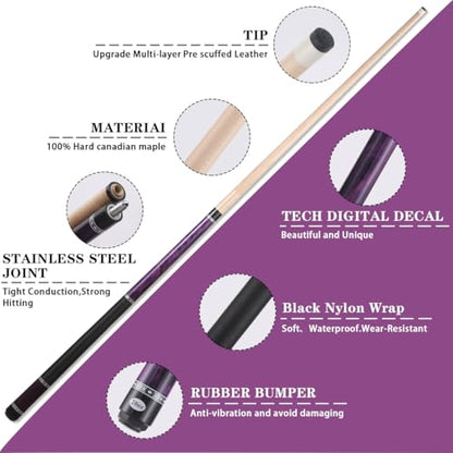 Canadian Maple Pool Cue Stick Set, 58 inch 18oz 19oz 20oz 21oz Billiard House Bar Pool Stick, 12.5mm Tip Billiard Cue for Beginner, Commercial and Home Entertainment - color: 12.5mm Purple