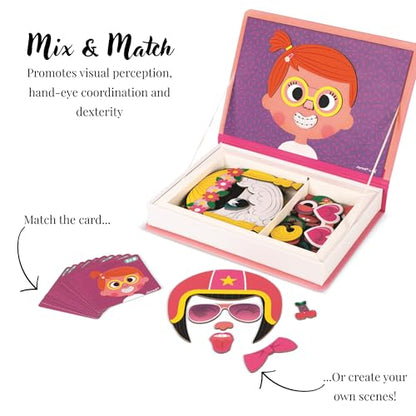 Janod MagnetiBook 66 pc Magnetic Girl Crazy Face Dress Up Game - Ages 3+ - Creative Play - Enhances Creativity and Learning - Includes 55 Magnetic Pieces and 10 Cards - style: Girl Crazy Faces Dress Up