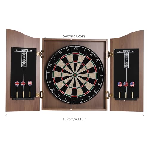 Classic Dartboard Cabinet Brown Dartboard Storage Cabinet Wall-Mounted 40.15 * 21.25inch Dart Boards Set with Scoreboard for Home Bar Club Office