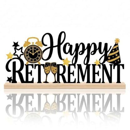Happy Retirement Party Table Decorations Black and Gold Metal Table Sign with Wooden Base Happy Retirement Gift for Women Men Coworker Tabletop Centerpieces for Home Mantel Shelf Desk - style: Happy Retirement