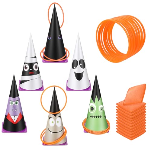 Soulchen 36 Pcs Carnival Games Set 3 in 1 Soft Plastic Cones Cornhole Bean Bags Ring Can Toss Carnival Games Combo for Adults Birthday Party Field Indoor Outdoor Supplies - style: Cute Little Ghost