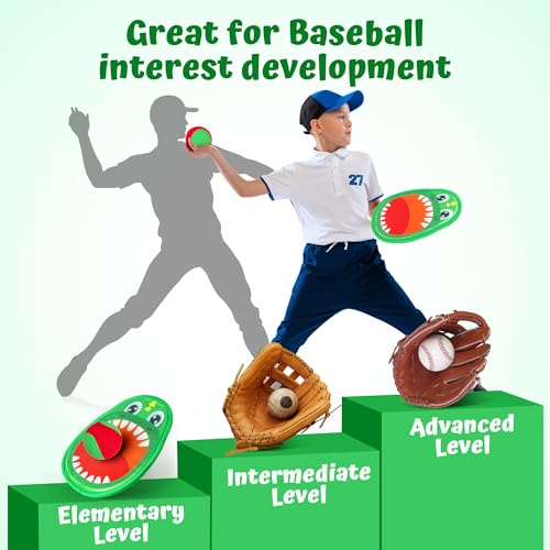Billeeit 10.6 In Big Dinosaur Toss and Catch Ball Set, Catch Game Toys for Kids 3 4 5 6 7 8 9 10, Outdoor Yard Games Beach Toys for Family Outside Activities w/4 Big Rackets, 4 Balls, 1 Drawstring Bag