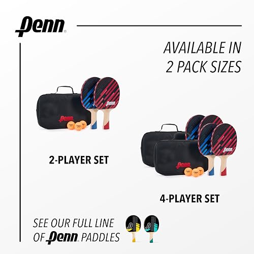 Penn 4-Player Table Tennis Paddle Set - Includes Four Penn 3.0 Paddles, Three 3-Star ping Pong Balls, and Two Storage Pouches