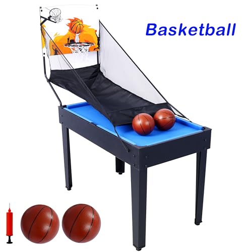 48” 6-in-1 Multi-Game Table - Billiards, Air Hockey, Foosball, Basketball, Table Tennis, and Dining Table Set for Home Game Room Blue