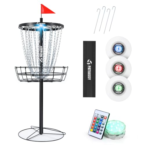 Disc Golf Basket with 24/12 Heavy Duty Chains, Disc Golf Target with Adjustable Height/Sound Reducer & Remote LED Light & Light Up Discs, Durable Practice Goal with Ground Stake for Backyard