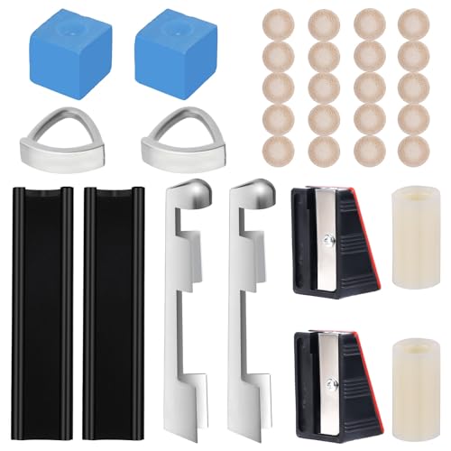 32pcs Pool Cue Repair Kit, Billiard Stick Tip Tools with 2 Club Tip Clips, 20 Club Tips, 2 Shapers, 2 Chalk Cubes, 2 Ferrules 2 Planers Billiard Cue Head Trimmers for Billiard Cue Replacement Parts