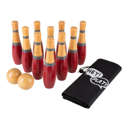 Wooden Lawn Bowling - Adults and Kids Bowling Set with 10 Pins, 2 Balls, Carry Bag - Indoor and Outdoor Games - Skittle Yard Games (Red) - color: Red & Gray