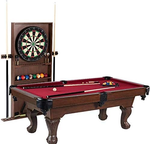 BARRINGTON 90 Inch Ball and Claw Leg Billiard Pool Table with Bonus Cue Rack and Dartboard Set (Red)