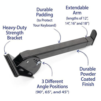 Victory Display Heavy-Duty Steel Keyboard Arms(1-PAIR), fits into Slatwall Panels, Telescoping Arms (12" to 18"), Adjustable slanting from 45° to 65° to 90°, for Keyboards and Music Production Equipment