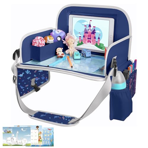 MENZOKE Kids Travel Tray for Toddler Car Seat, Toddler Gift for Boy Activities with Dry Erase Board & iPad Holder Stand, Road Trip Essentials Accessories Lap Tray for Boy as Birthday Gift, Dark Blue - color: Navy BlueDinosaur
