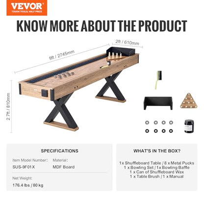 VEVOR Shuffleboard Table, 9 ft Shuffleboard for Family Game Rooms, 2 in 1 Shuffleboard and Bowling Combo Game Set, with Scratch-Resistant Playfield, Legs, 8 Pucks, Bowling Set, Wax, and Table Brush - size: 9ft