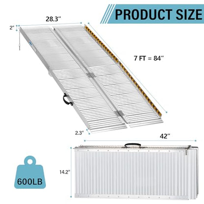 7 Feet Aluminum Folding Wheelchair Ramp, 28in Wide | Non-Skid Handicap Threshold Wheel Chair Ramp for Home Steps, Stairs, Entry, Threshold, Doorways, 600LBS Capacity,28in Wide - size: 7FT-tri-fold-silvery