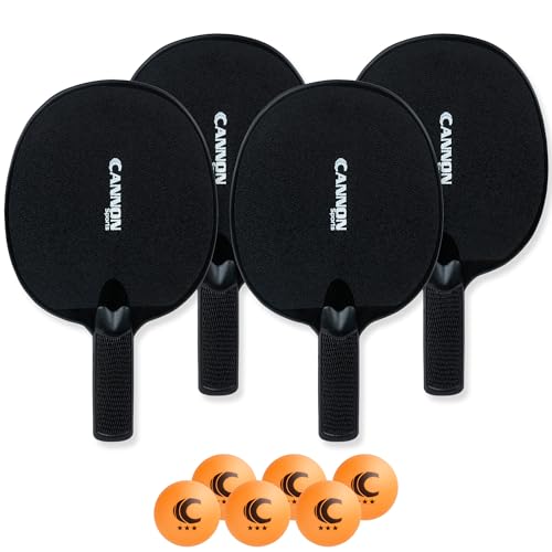 Cannon Sports Unbreakable Table Tennis Paddle Set - 4 Rackets with 6 Pack of 3-Star Table Tennis Balls – Portable Set for 4 Players - color: 4 Black Paddles + 6 Orange Balls