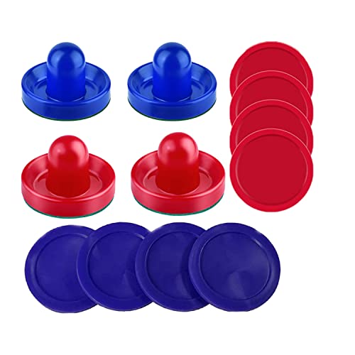 Air Hockey Pushers and Pucks - Air Hockey Paddles and Goal Handles Replacement Accessories for Game Tables (4 Pushers, 8 Pucks) - color: Blue&Red