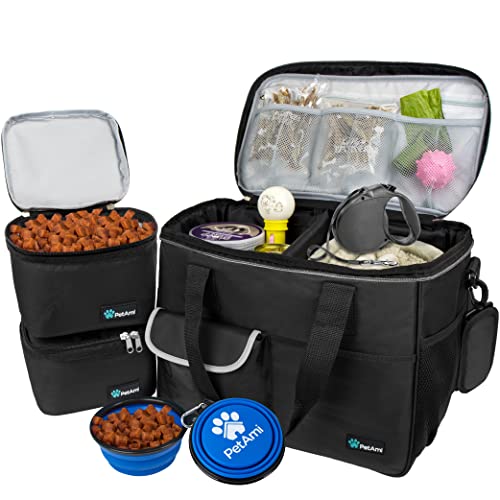 PetAmi Dog Travel Bag Organizer, Pet Travel Kit with 2 Food Containers & 2 Collapsible Dog Bowls, Pet Supplies Tote with Luggage Sleeve, Weekend Road Trip Camping Essentials, Black, Medium - color: Black, size: Medium - 14.5"L x 8"W x 12.0"H