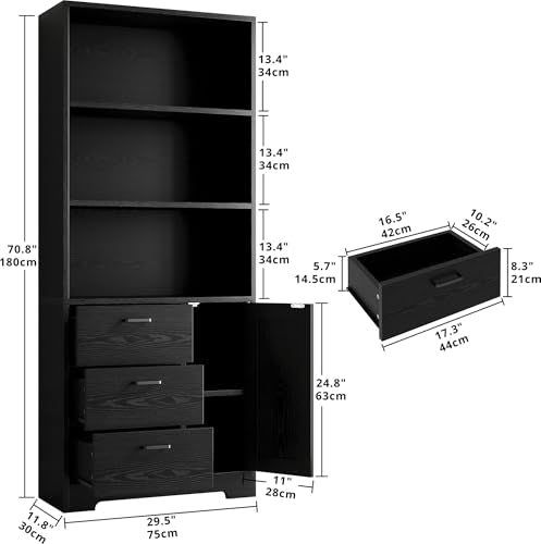 IRONCK Bookshelf with Doors and 3 Drawers 71 in Tall Bookcase with 3-Tier Shelves, Industrial Book Shelf with Storage for Living Room Entrance Hallway Home Office, Black - color: Black