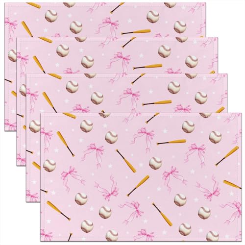 Baseball Kids Placemats Set of 4,Coquette Bowknot Bow Tie Knot Table Place Mats,Baseball Bat Ball Sport Game Kitchen Decor,Chic Pink Placemat Kitchen Table Decoration 12"x18" - color: Chic Pink