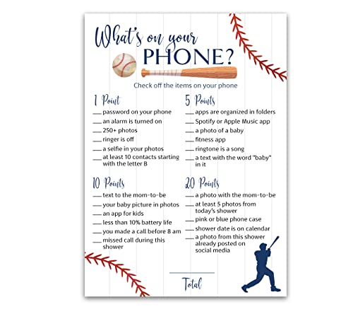BASEBALL Baby Shower Games — WHAT'S ON YOUR PHONE Baby Shower Game — Pack of 25, Rustic Sports Theme Navy Blue BOY, Little Slugger Shower Activity Gender Neutral Reveal Party G900-PHN
