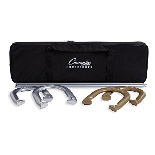 Champion Sports Horseshoe Set: Traditional Outdoor Lawn Game includes Four Professional Solid Steel Horseshoes with Solid Steel Stakes & Carrying Storage Case - style: Tournament Set