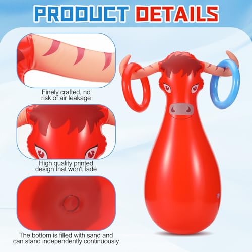 Arrowbash Inflatable Bull Ring Toss Game Set Include Inflatable Bull 6 Rings Farm Theme Party Supplies for Fiesta Rodeo Party Pool Beach Decoration