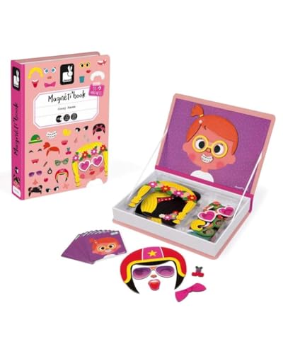 Janod MagnetiBook 66 pc Magnetic Girl Crazy Face Dress Up Game - Ages 3+ - Creative Play - Enhances Creativity and Learning - Includes 55 Magnetic Pieces and 10 Cards - style: Girl Crazy Faces Dress Up