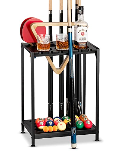 EXTCCT Billiards Pool Stick Holder - Pool Cue Rack Floor Stand & Ping Pong Paddle Holder Hardwood Pool Cue Holder for 12 Cues Sticks Pool Table Accessories Organizer (Black) - color: Black