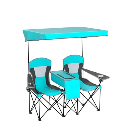 S AFSTAR Double Camping Chair w/Shade Canopy, 2-Person Folding Camp and Beach Chair with Mini Table Beverage Cup Holder Carrying Bag, Collapsible Camping Chairs for Garden Patio Pool Beach - color: Turquoise