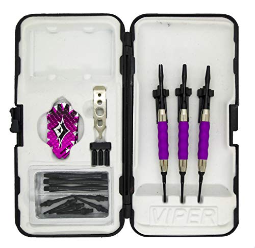 sure grip Viper Purple Soft Tip Darts with Dart Case & Accessories Choice of Flights 16 or 18 Grams Plus I Love Darts Bracelet (Dimplex Metallic, 16)