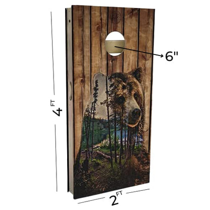 Slick Woody's Professional-Grade Cornhole Boards - 4'x2' Solid Wood Regulation Woodgrain Flag Bean Bag Toss Game with 8 Resin Filled Bags - color: Bear Mountain